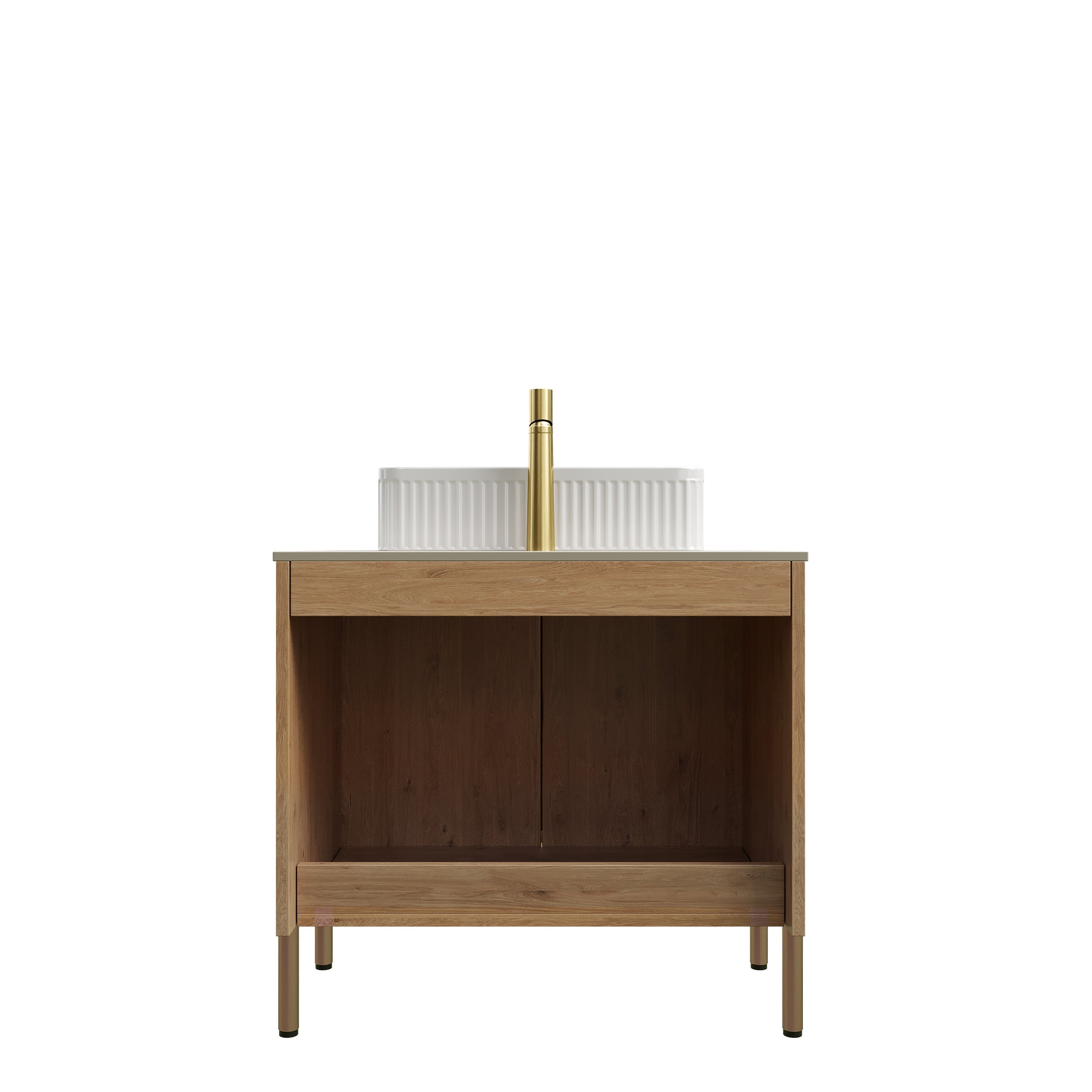 30" Freestanding Bathroom Vanity with Sink – Plywood Cabinet, Roma Travertine Sintered Stone Countertop & Ceramic Basin, Woodgrain