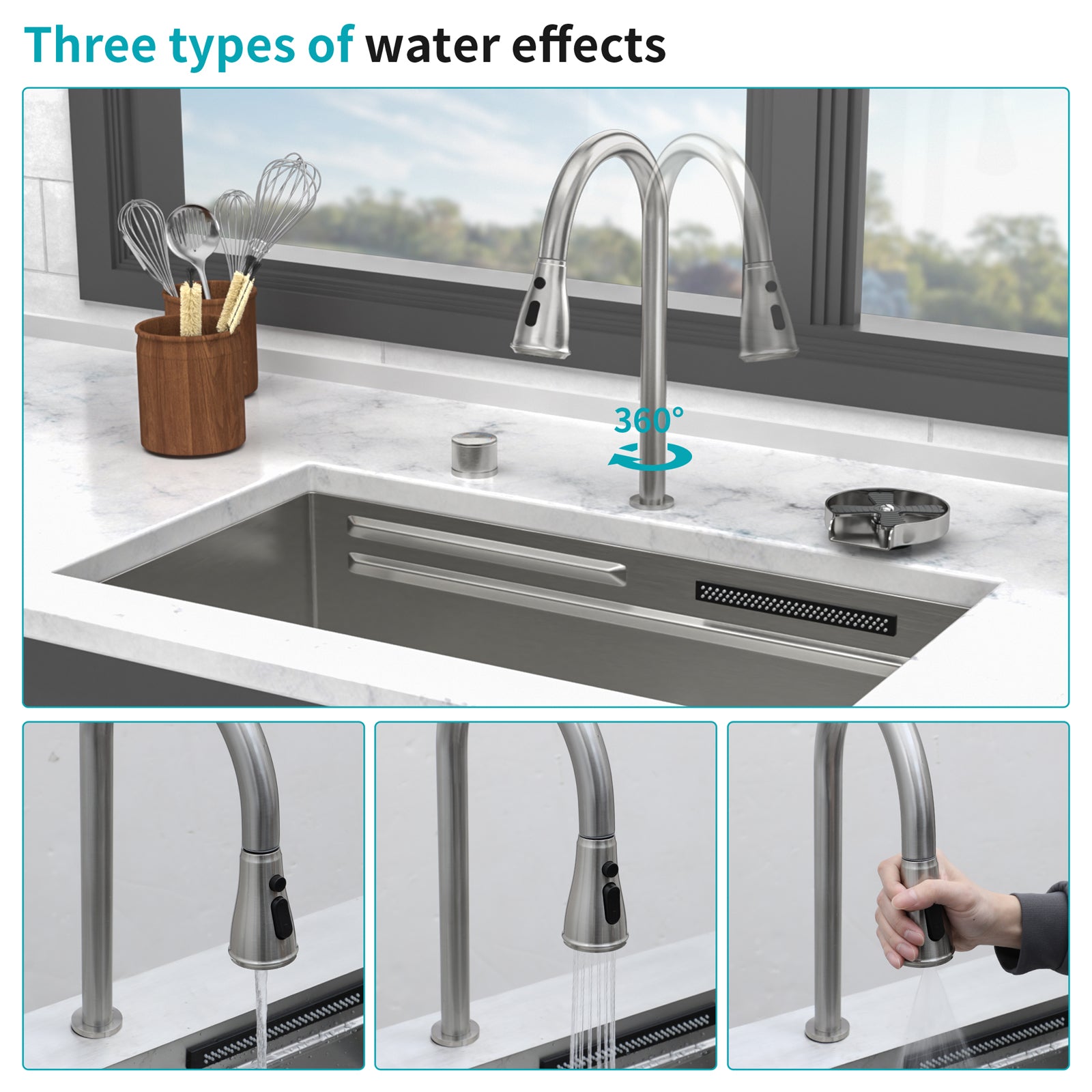 33" Undermount Waterfall Kitchen Sink – Brushed Nickel | 16G T304 Stainless Steel | Single Bowl with Pull-Down Faucet & Workstation Ledge
