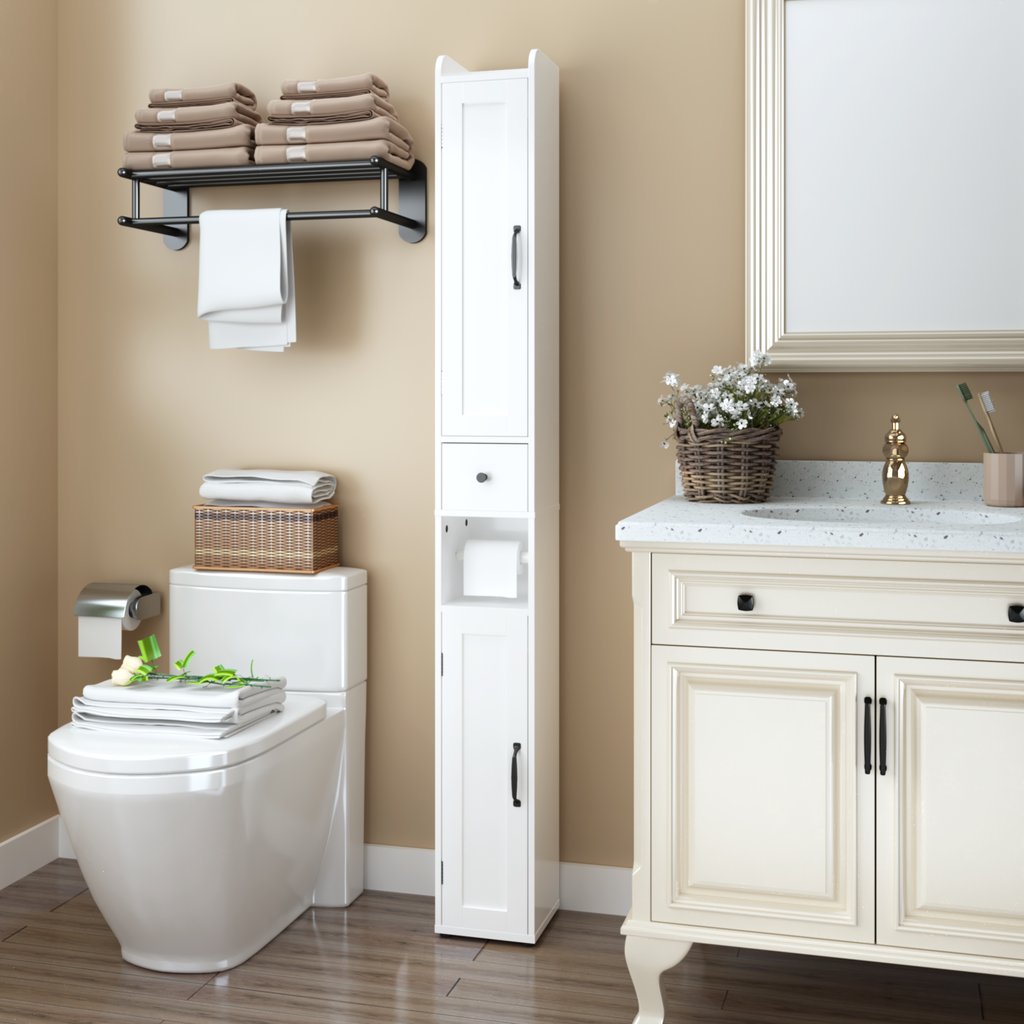 White Slim Tall Bathroom Storage Cabinet with Adjustable Shelves, 2 Doors Freestanding Cabinet for Small Spaces, Kitchen, Living Room, MDF Material, 67.51 inches High