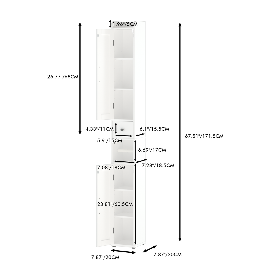 White Slim Tall Bathroom Storage Cabinet with Adjustable Shelves, 2 Doors Freestanding Cabinet for Small Spaces, Kitchen, Living Room, MDF Material, 67.51 inches High