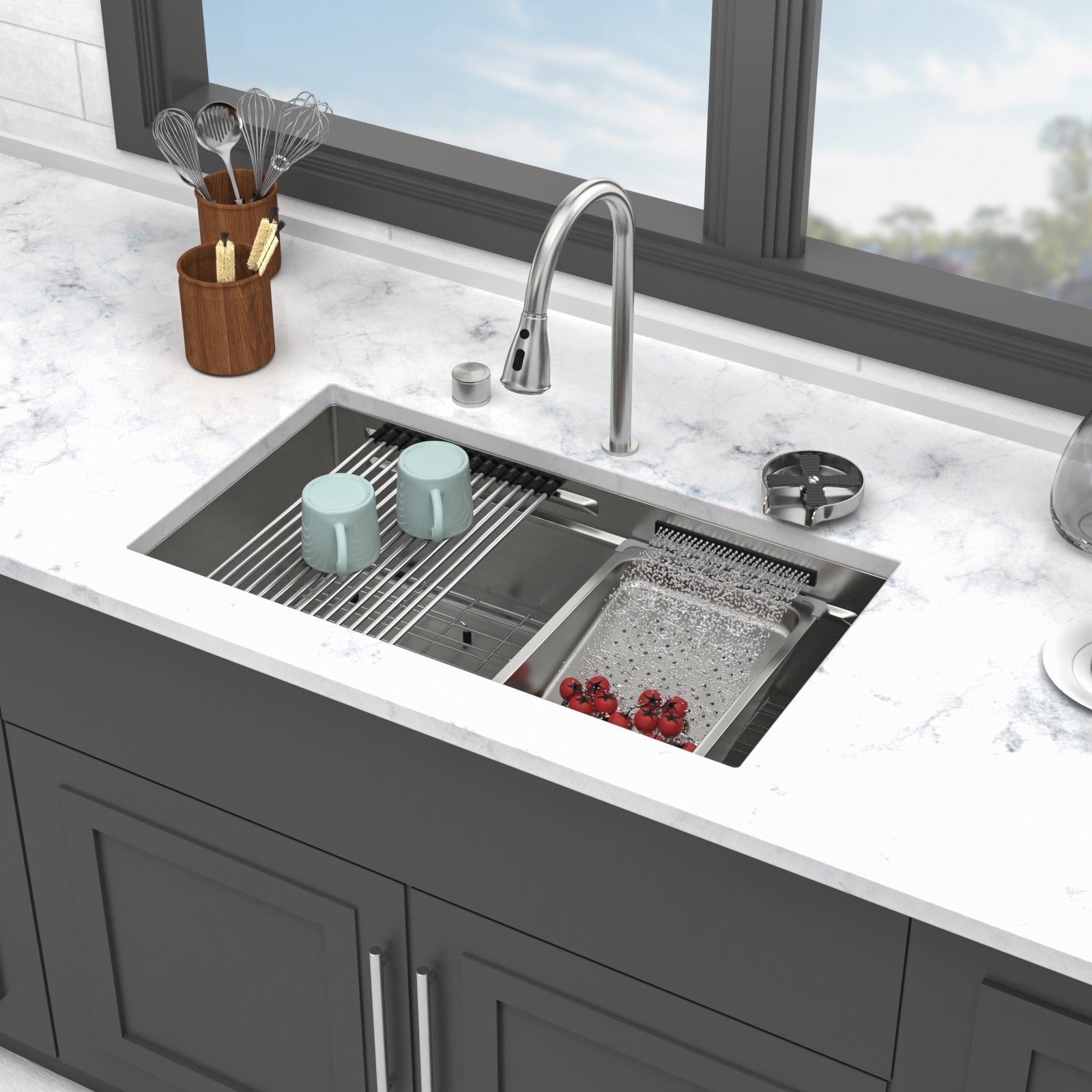 33" Undermount Waterfall Kitchen Sink – Brushed Nickel | 16G T304 Stainless Steel | Single Bowl with Pull-Down Faucet & Workstation Ledge