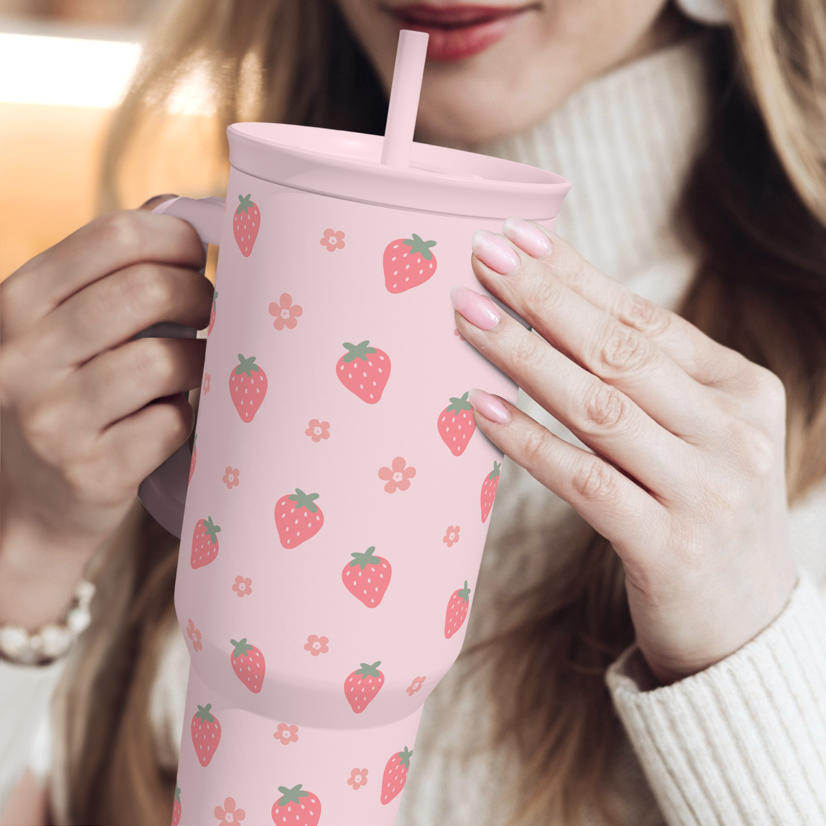 Strawberry Tumbler with Handle 40oz ?C Insulated Stainless Steel Travel Coffee Mug Cup for Girls Women, Gift for Christmas, Birthday